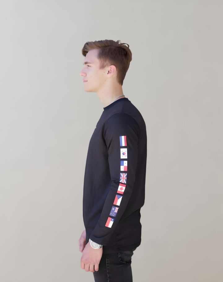 Black Long Sleeve Shirt with "Flag" Print on left sleeve